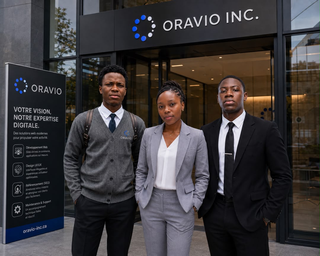 L'équipe fondatrice d'Oravio Inc. devant le siège social de la société