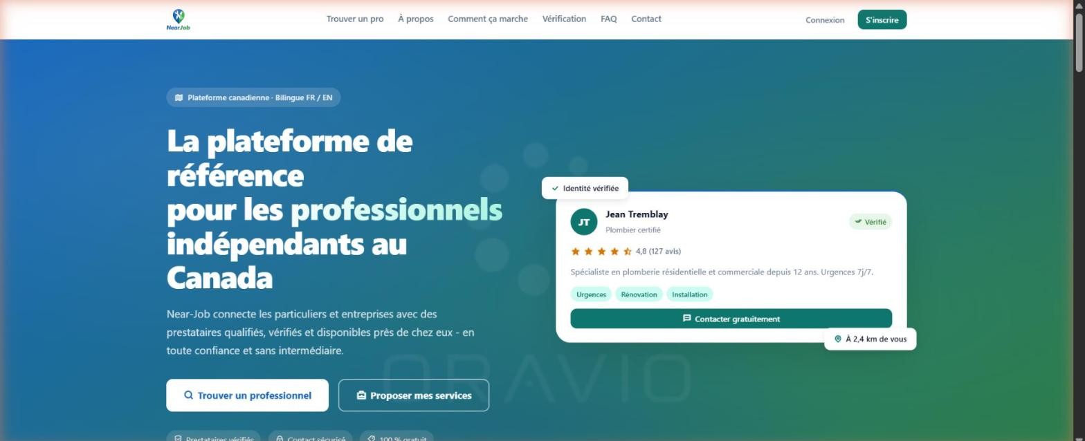 Interface Near-Job : fiche d'un plombier vérifié avec avis clients et bouton de contact gratuit